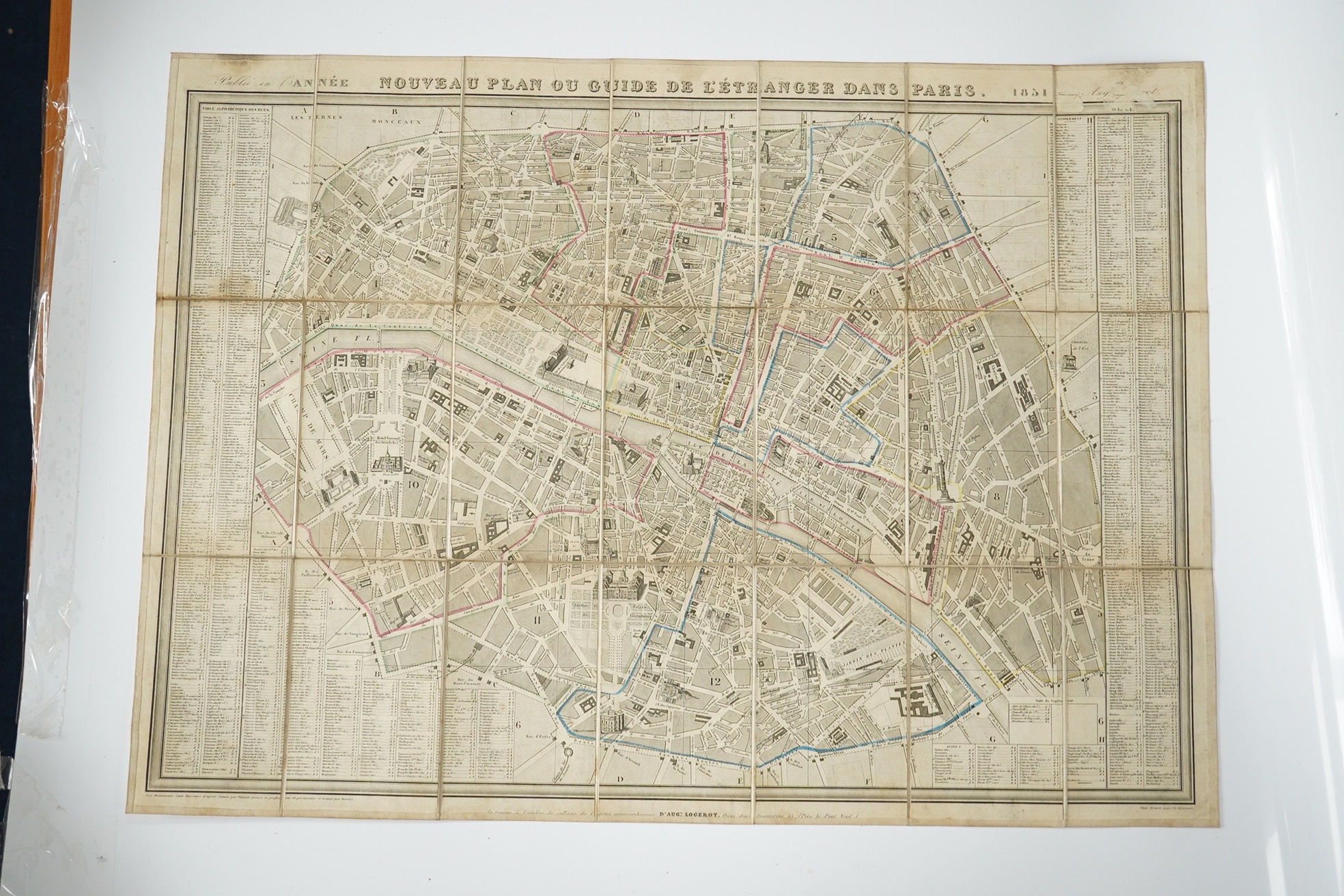 Map – Auguste Logerot – Nouveau Plan Ou Guide de L’ Étranger dans Paris, engraved map with outline hand-colouring in sections, backed onto linen, original card slipcase, [Paris], 1851. Note: published just before Napoleo